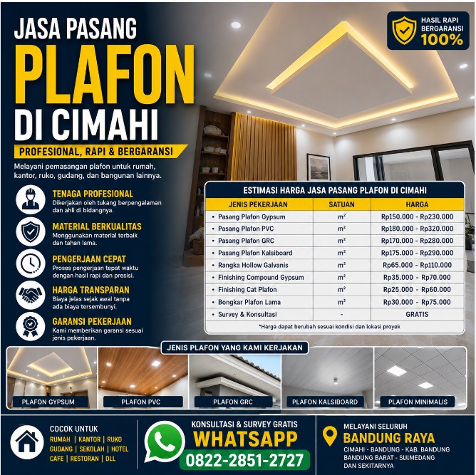 0822-2851-2727 Jasa Pasang Plafon di Cimahi Profesional dan Bergaransi | Plafon Gypsum, PVC, GRC & Kalsiboard